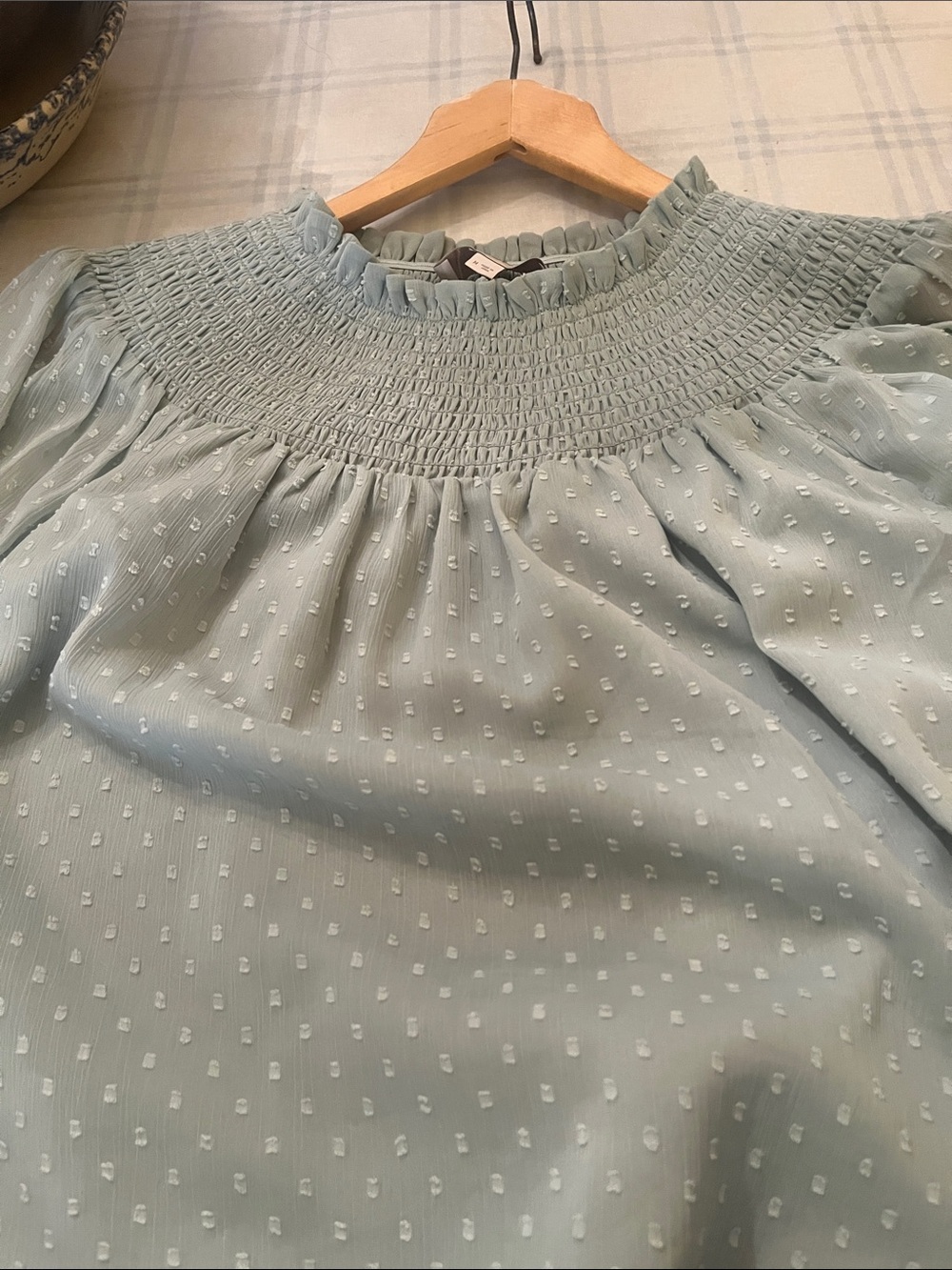 LOFT Light green Swiss Dot Smocked Yoke Blouse